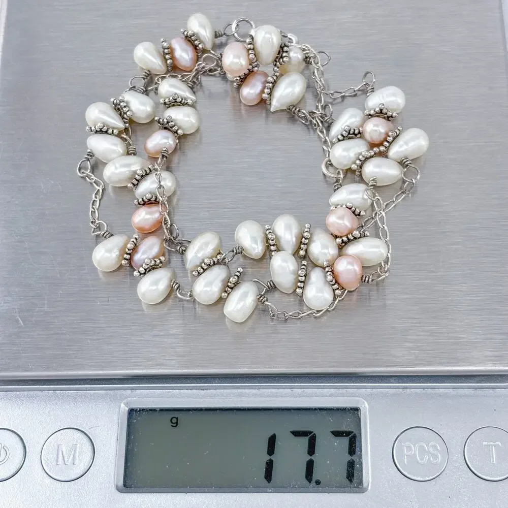 Vintage Sterling Silver 925 Freshwater Pearl Station Necklace 20